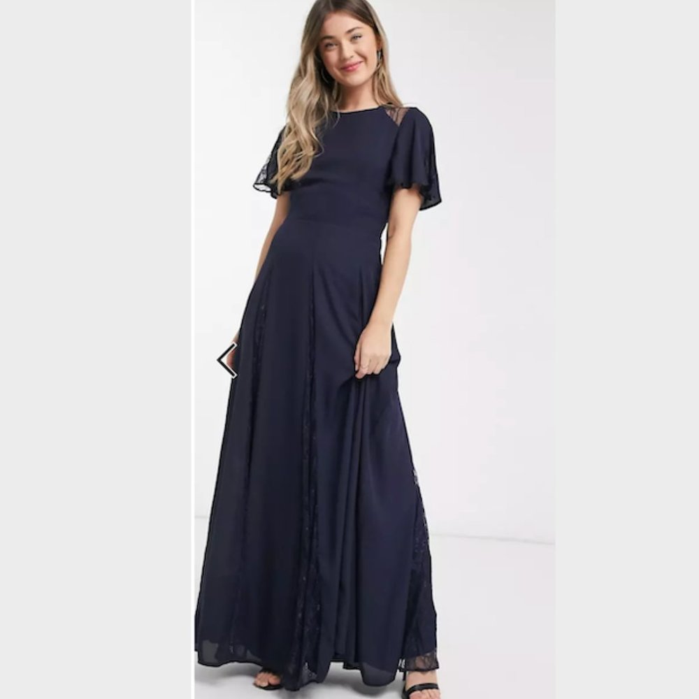 NWT ASOS Navy Bridesmaid maxi dress/gown with lace insert panel
